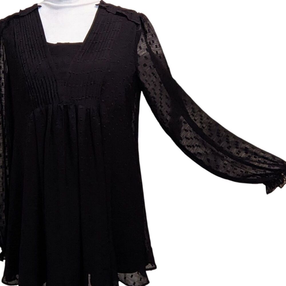 INDIGO SOUL Babydoll Whimsigoth Black Sheer Swiss Dot Ruffle Pleats Blouse Med